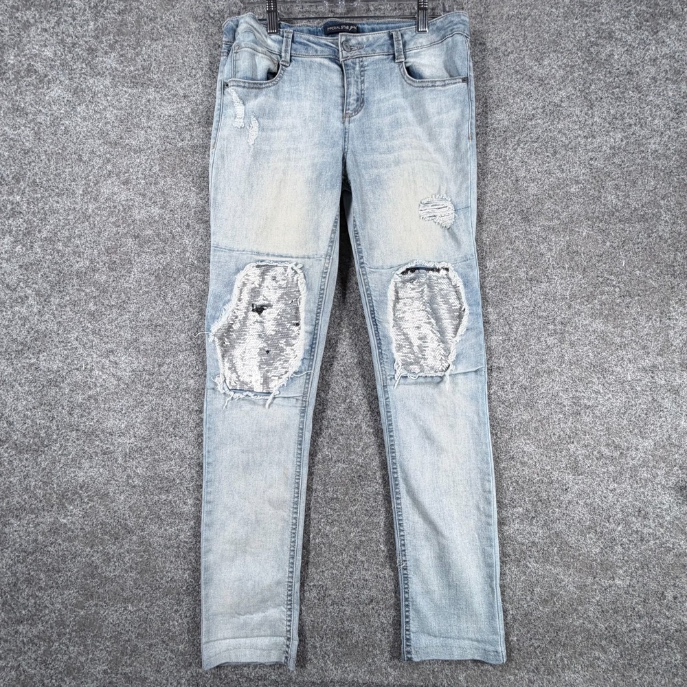 Imperial Star Jeans Girls 16 Blue Denim Whiskered Sequin Distressed Skinny Leg